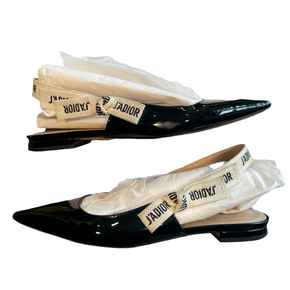 CHRISTIAN DIOR J'adior 100mm Black White Ribbon Patent Leather Slingback Flat 36 - Picture 2 of 11